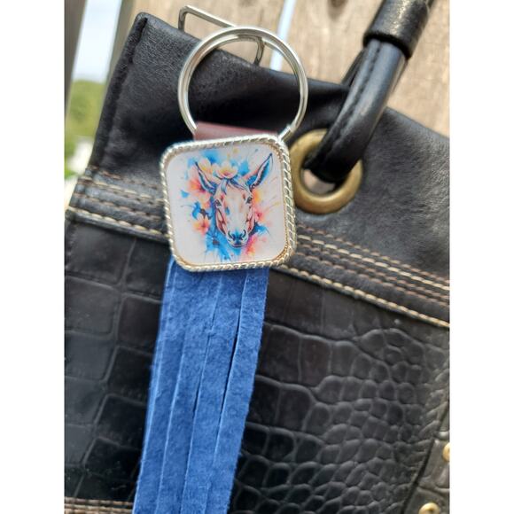 Handmade mule lover boho Leather Fringe Western bag charm, Long fringe keychain - Picture 1 of 4